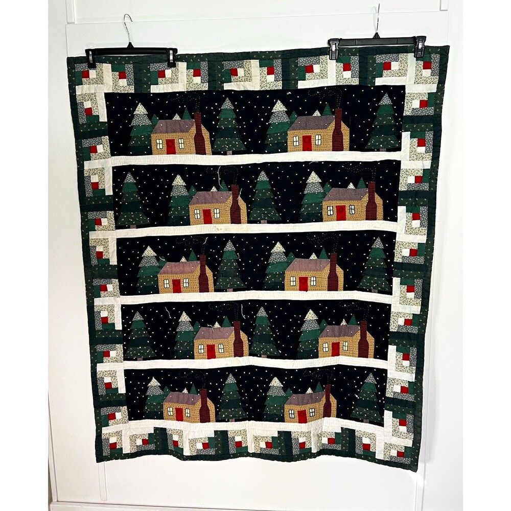 Patchwork Quilted Throw Quilt 48 x 63 Cotton Winter Cabin Village Trees